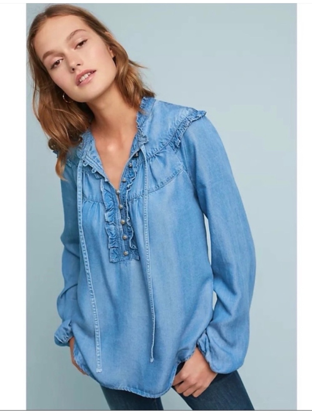 Maeve Light Blue Chambray Ruffle Peasant Tunic